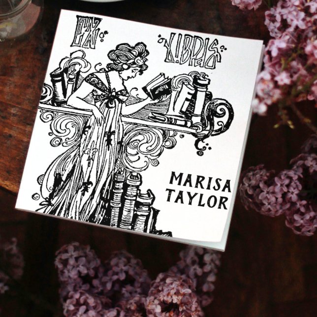 Art Nouveau woman Reading at bookshelves Self-inking Stamp (Creator Uploaded)