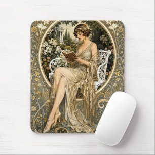 Art Nouveau Woman Reading in Garden Mouse Pad
