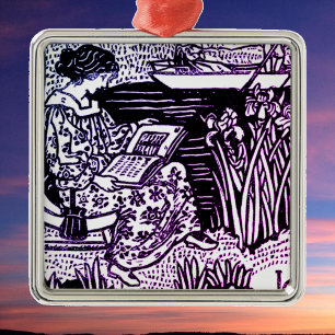Art Nouveau Woman Reading Metal Ornament