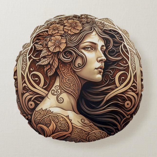 Art Nouveau Woman Round Throw Pillow (16")  (Front)