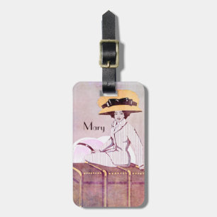 Art Nouveau Woman Vintage Travel Trunks With Name Luggage Tag