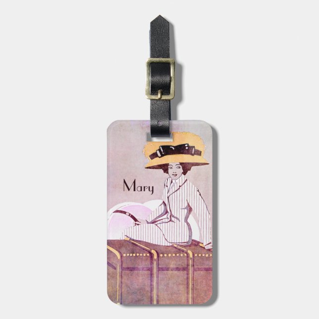 Art Nouveau Woman Vintage Travel Trunks With Name Luggage Tag (Front Vertical)