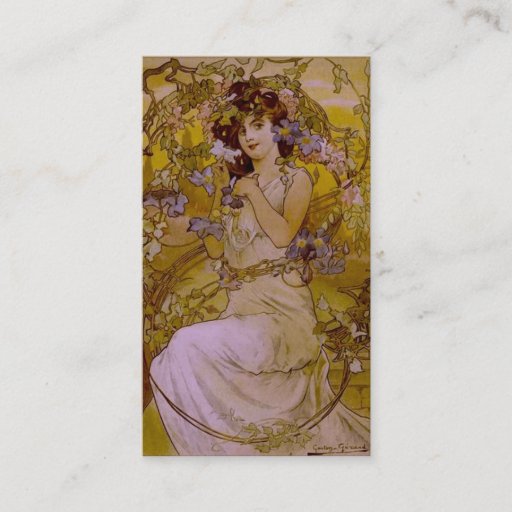 Customizable Art Nouveau Woman with Clematis Business Card Template