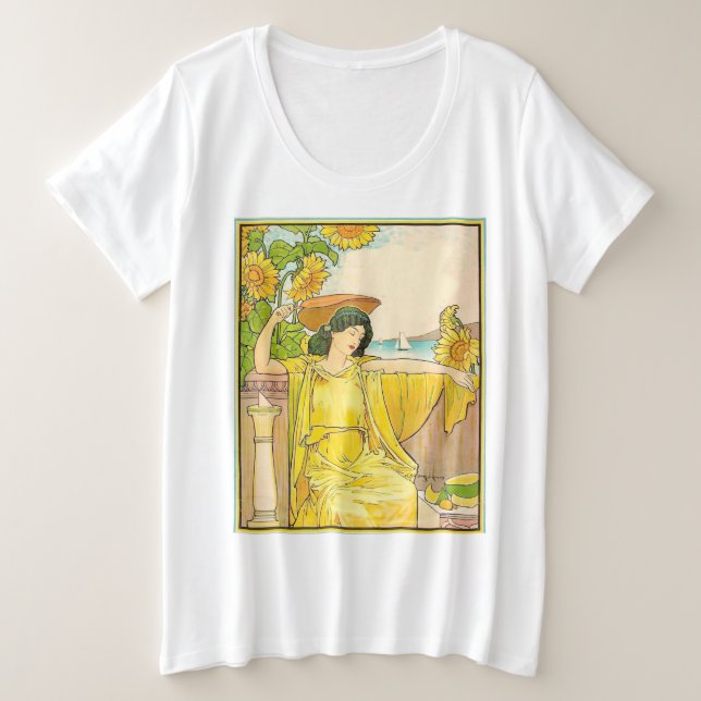 Art Nouveau Woman with Sunflowers   Plus Size T-Shirt (Design Front)