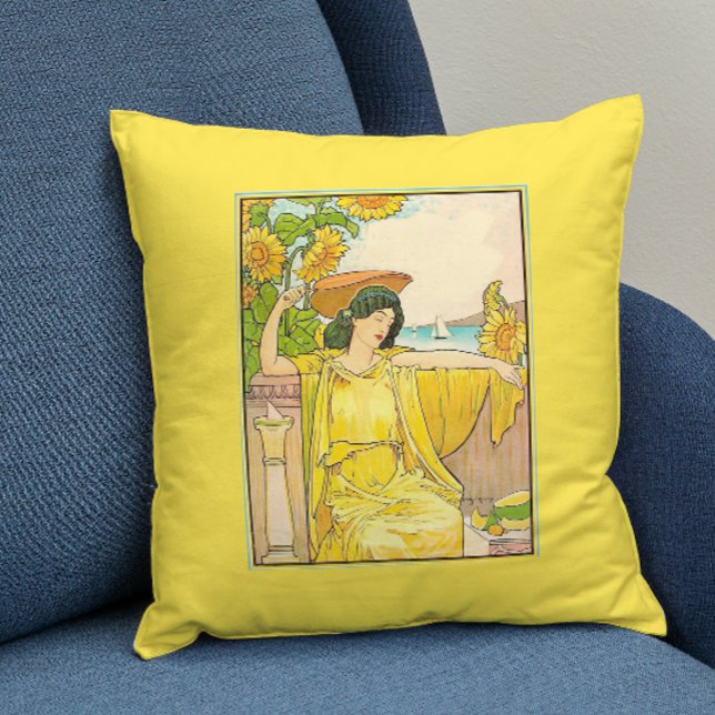 Art Nouveau Woman with Sunflowers Throw Pillow (Creator Uploaded)