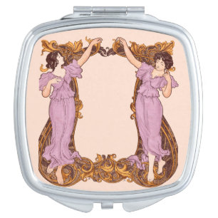 Art Nouveau Women Floral Frame Vintage Decorative Compact Mirror