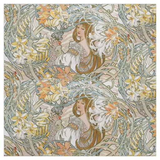 Art Nouveau Women & Floral Pattern by Mucha Fabric