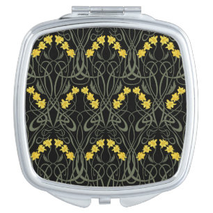 Art Nouveau Yellow Daffodils and Stems Black Compact Mirror