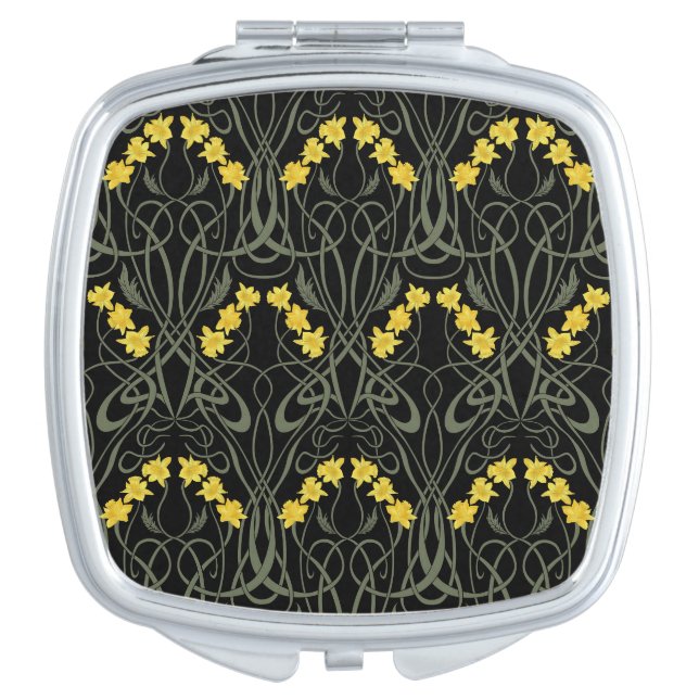 Art Nouveau Yellow Daffodils and Stems Black Compact Mirror (Front)