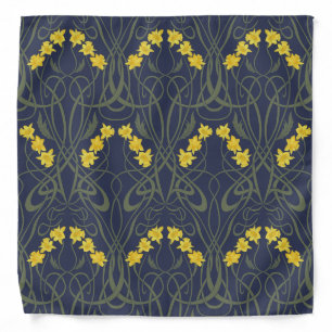 Art Nouveau Yellow Daffodils and Stems Blue Bandana