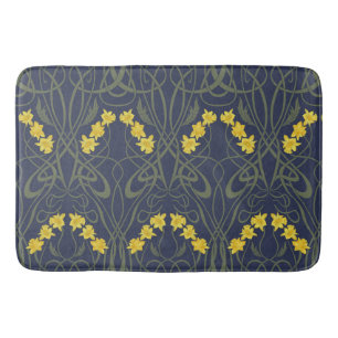 Art Nouveau Yellow Daffodils and Stems Blue Bath Mat