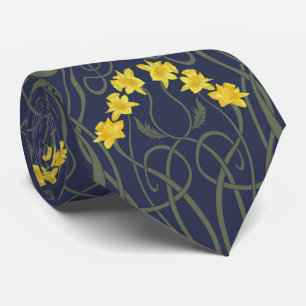 Art Nouveau Yellow Daffodils and Stems Blue Neck Tie