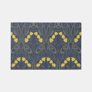 Art Nouveau Yellow Daffodils and Stems Blue Rug