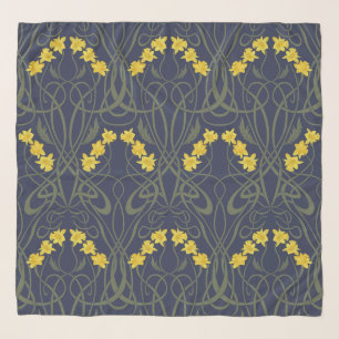Art Nouveau Yellow Daffodils and Stems Blue Scarf