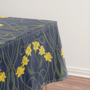 Art Nouveau Yellow Daffodils and Stems Blue Tablecloth