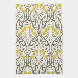 Art Nouveau Yellow Daffodils and Stems Cream Kitchen Towel