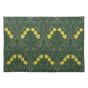 Art Nouveau Yellow Daffodils and Stems Green Cloth Placemat