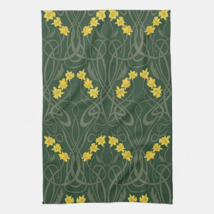 Art Nouveau Yellow Daffodils and Stems Green Kitchen Towel