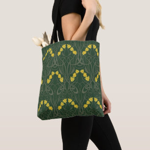 Art Nouveau Yellow Daffodils and Stems Green Tote Bag
