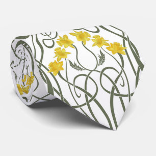 Art Nouveau Yellow Daffodils and Stems White Neck Tie