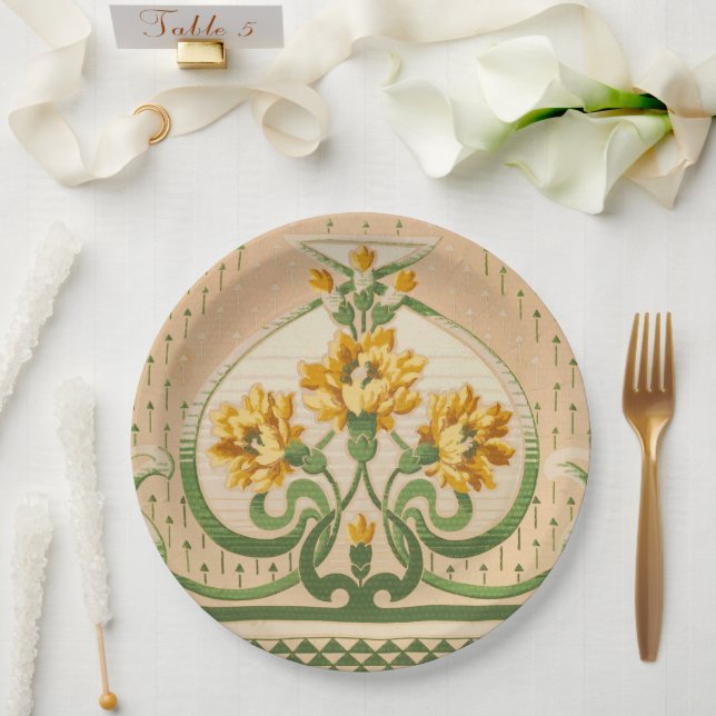 Art Nouveau Yellow Flower Bouquets Medallion Paper Plates (Wedding)