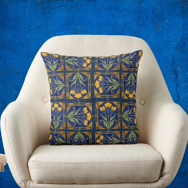 Art Nouveau Yellow Tulip n Royal Blue Tile Pattern Throw Pillow (Creator Uploaded)