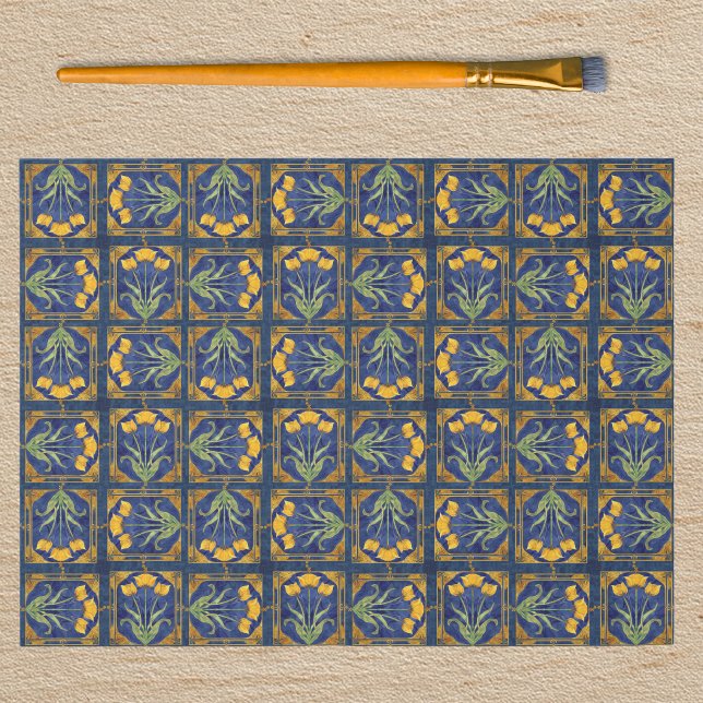 Art Nouveau Yellow Tulip n Royal Blue Tile Pattern Tissue Paper (Creator Uploaded)