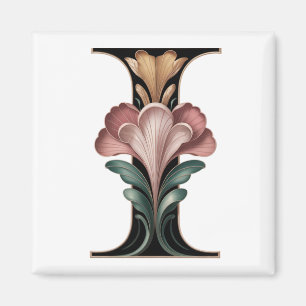 Art Nuevo Floral Pink and Green Letter I Magnet
