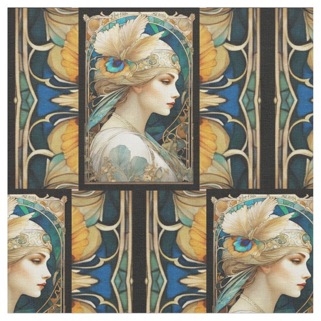 Art Nuovae Victorian Style Female Quilt Panels Fabric (Close Up)