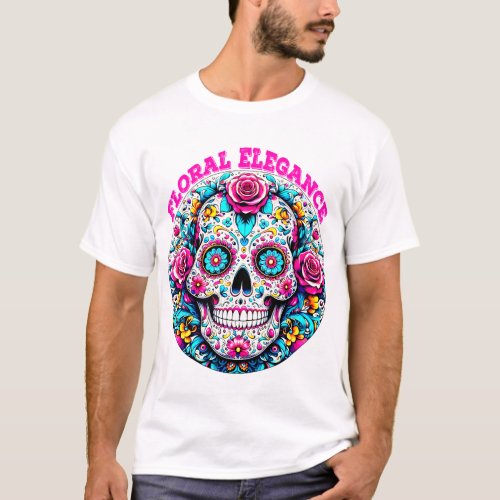 Art of a Sugar Skull with Floral ElegancePatterns  T_Shirt