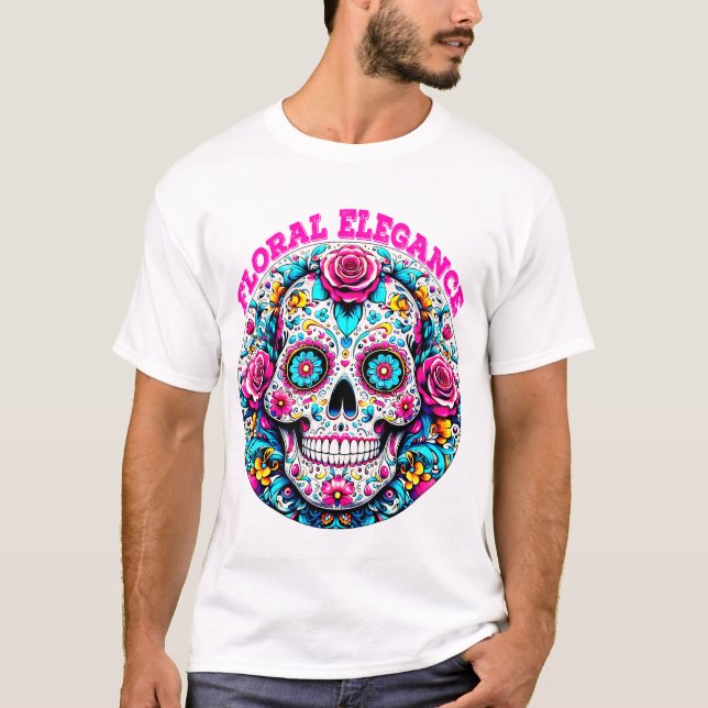 Art of a Sugar Skull with Floral ElegancePatterns  T-Shirt (Front)