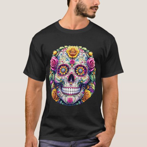 Art of a Sugar Skull with Floral Patterns  T_Shirt