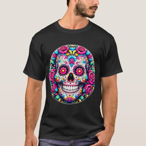 Art of a Sugar Skull with Floral Patterns  T_Shirt