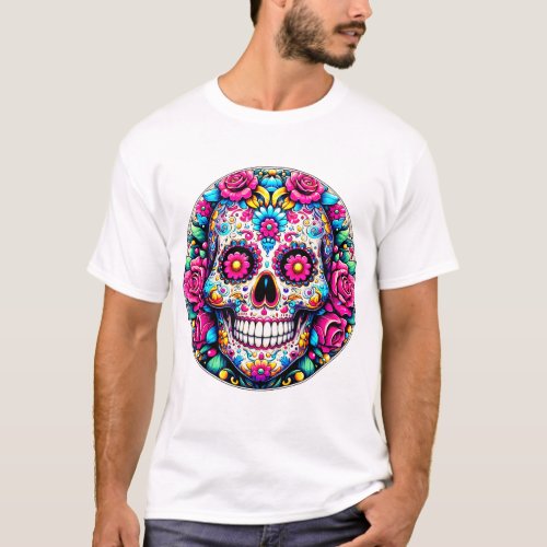 Art of a Sugar Skull with Floral Patterns  T_Shirt