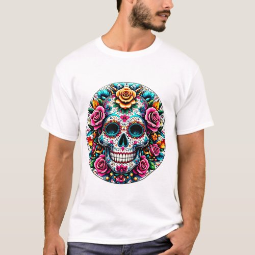 Art of a Sugar Skull with Floral Patterns  T_Shirt