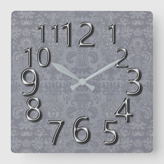 Art-Of-Time Gray Silver Damask Square Wall Clock (Front)