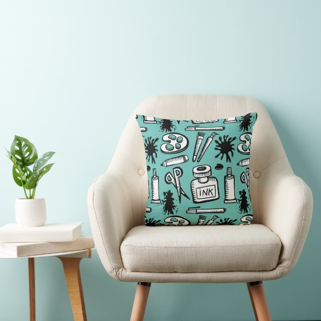 Art Paint Brushes and Objects Pattern Throw Pillow (Chair)