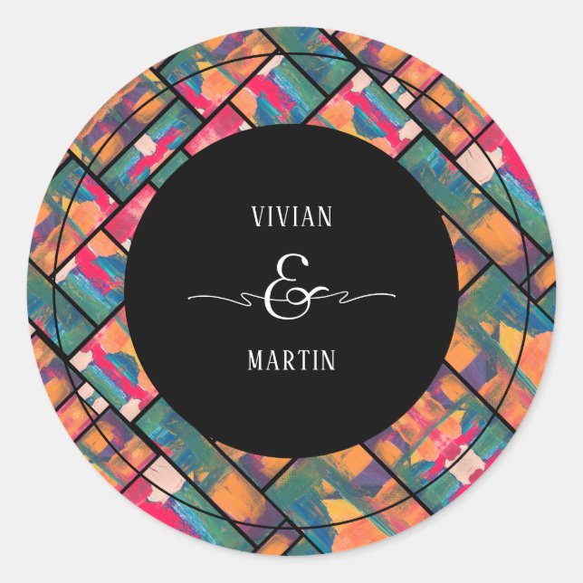 Art Paint Colorful Modern Abstract Wedding Classic Round Sticker (Front)