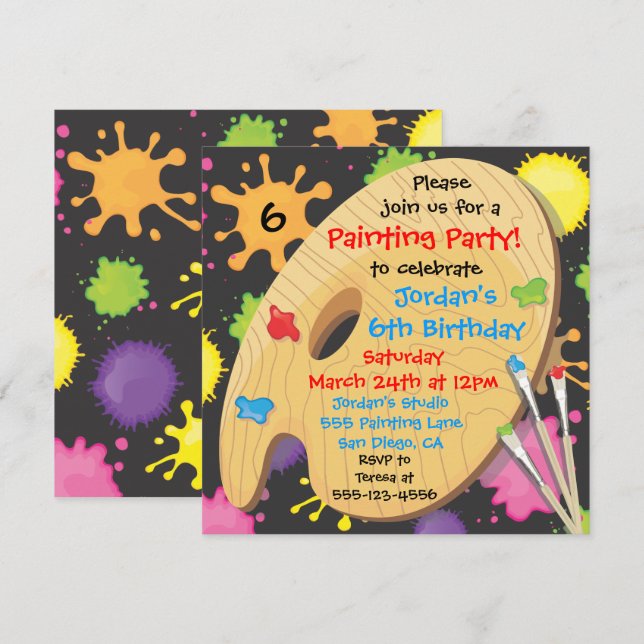 Art Painting Birthday Party Invitations on Black (Front/Back)