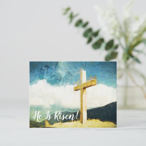 Art Painting Cross He Is Risen Happy Easter Holiday Postcard