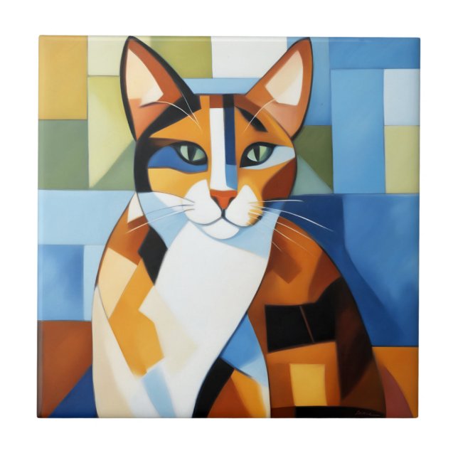 Art Painting Cubist Calico Cat Ceramic Tile (Front)