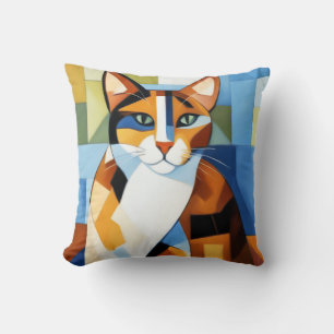 Art Painting Cubist Calico Cat Throw Pillow
