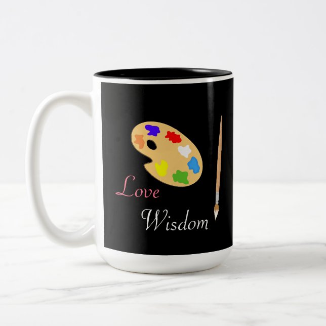 Art Palette with Paint Brush & Text on Black Two-Tone Coffee Mug (Left)