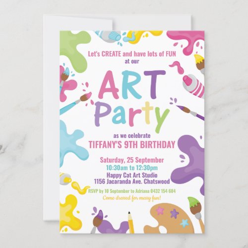 Art Party Birthday Colorful Rainbow Paint Girl Invitation