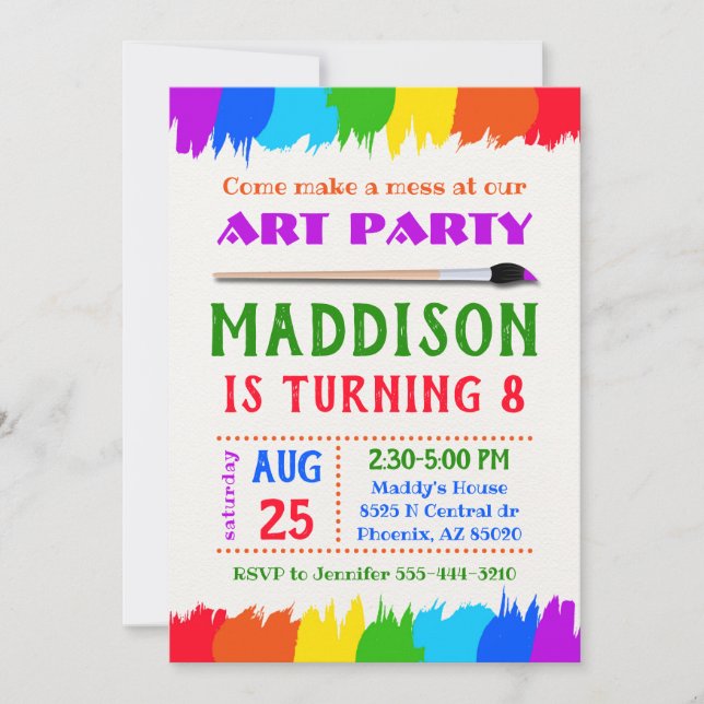 Art party invitation, Art birthday party invite (Front)