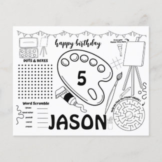 Art party placemats, art activity coloring page