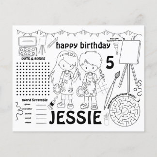 Art party placemats, art activity & coloring sheet