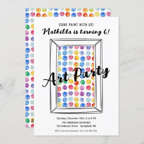 Art Party Rainbow Polka Dots Kid Painting Birthday Invitation