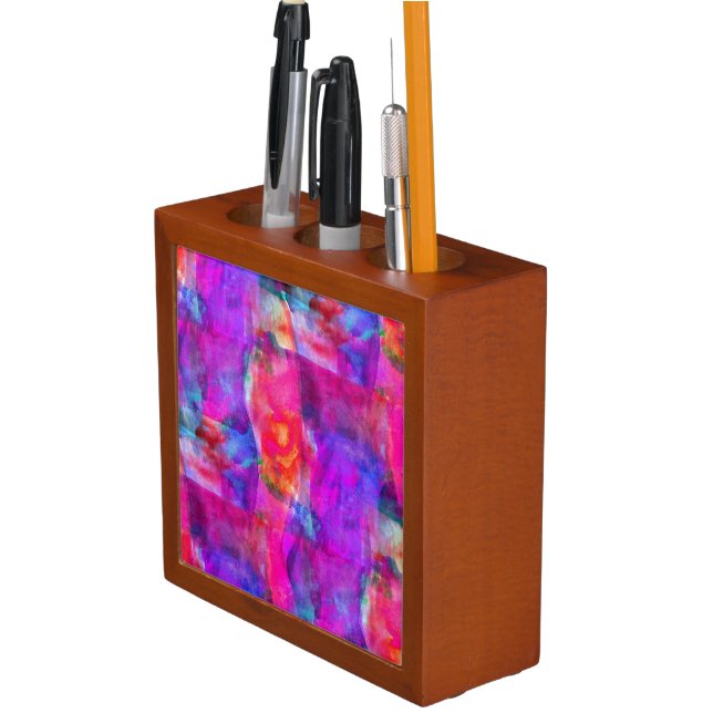 Art pink, blue, red texture background pencil holder (In Situ)