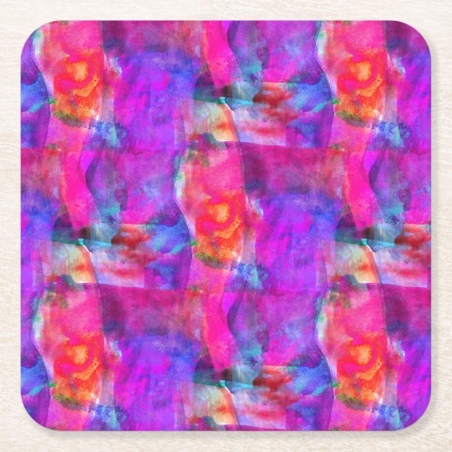 Art pink, blue, red texture background square paper coaster (Front)